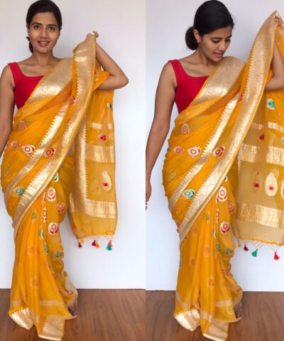 Pure Yellow Khaddi Banarasi Silk Saree in Chiffon with Beautiful Meenakari Weaves