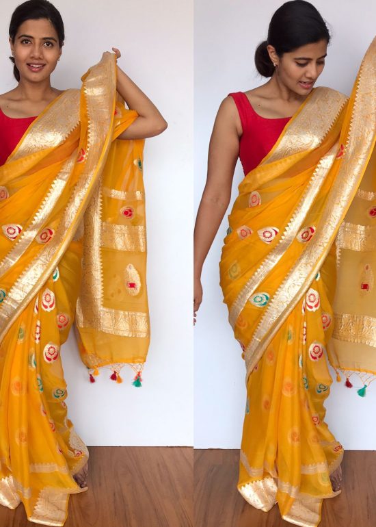 Pure Yellow Khaddi Banarasi Silk Saree in Chiffon with Beautiful Meenakari Weaves
