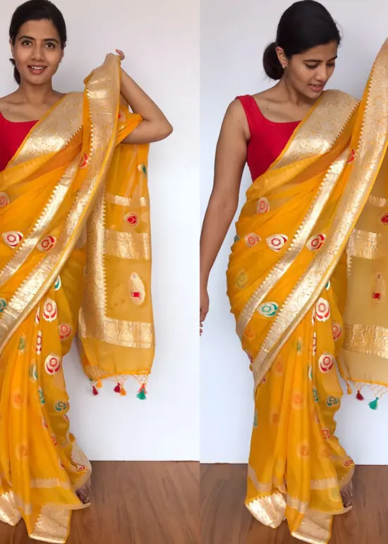 Pure Yellow Khaddi Banarasi Silk Saree in Chiffon with Beautiful Meenakari Weaves