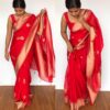 Scarlet Red Organza Saree with Gold Zari Weaves