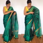 Emerald Green Mangalagiri Silk Saree with Gold Zari Checks - Image 2