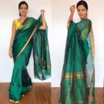 Emerald Green Mangalagiri Silk Saree with Gold Zari Checks - Image 3