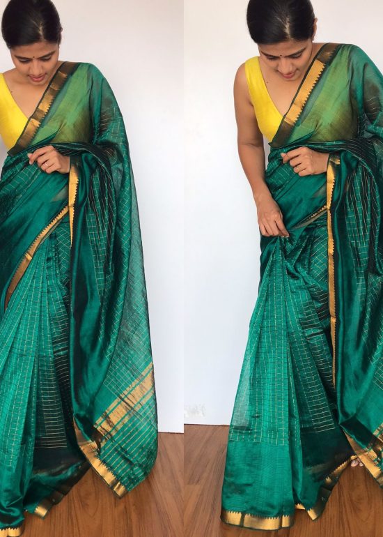 Emerald Green Mangalagiri Silk Saree with Gold Zari Checks