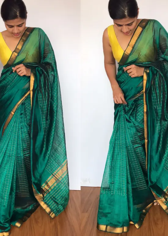 Emerald Green Mangalagiri Silk Saree with Gold Zari Checks