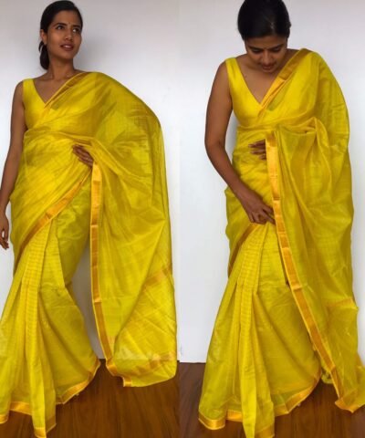Yellow Mangalagiri Silk Saree with Gold Zari Checks