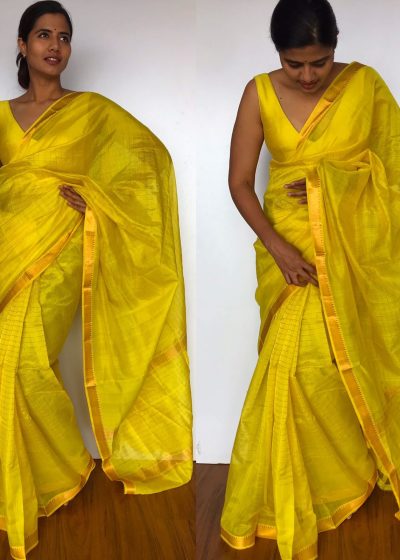 Yellow Mangalagiri Silk Saree with Gold Zari Checks