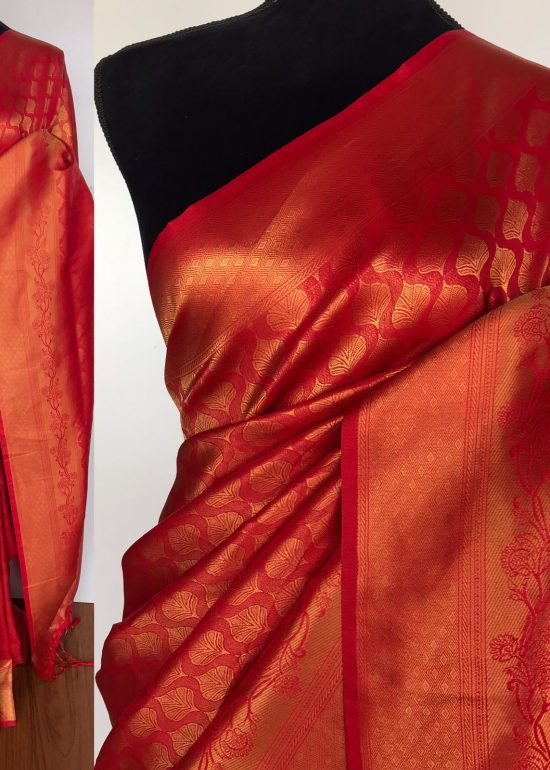 Scarlet Red Banarasi Silk Saree with Gold Zari Weaves