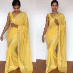 Butter Yellow Georgette Saree adorned with Mirror Work