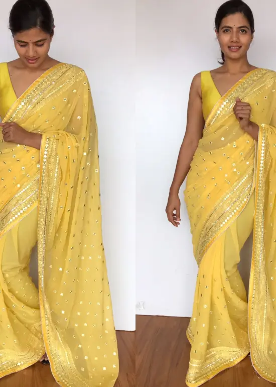 Butter Yellow Georgette Saree adorned with Mirror Work