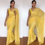 Butter Yellow Georgette Saree adorned with Mirror Work - Image 2