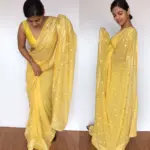 Butter Yellow Georgette Saree adorned with Mirror Work - Image 3