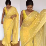 Butter Yellow Georgette Saree adorned with Mirror Work - Image 4