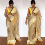 Beige Linen Saree with contrast edging - Image 3