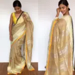 Beige Linen Saree with contrast edging - Image 4