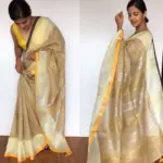 Beige Linen Saree with contrast edging - Image 5