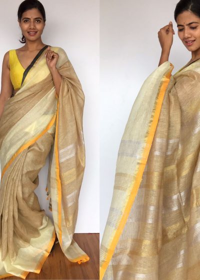 Beige Linen Saree with contrast edging