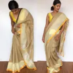 Beige Linen Saree with contrast edging - Image 2