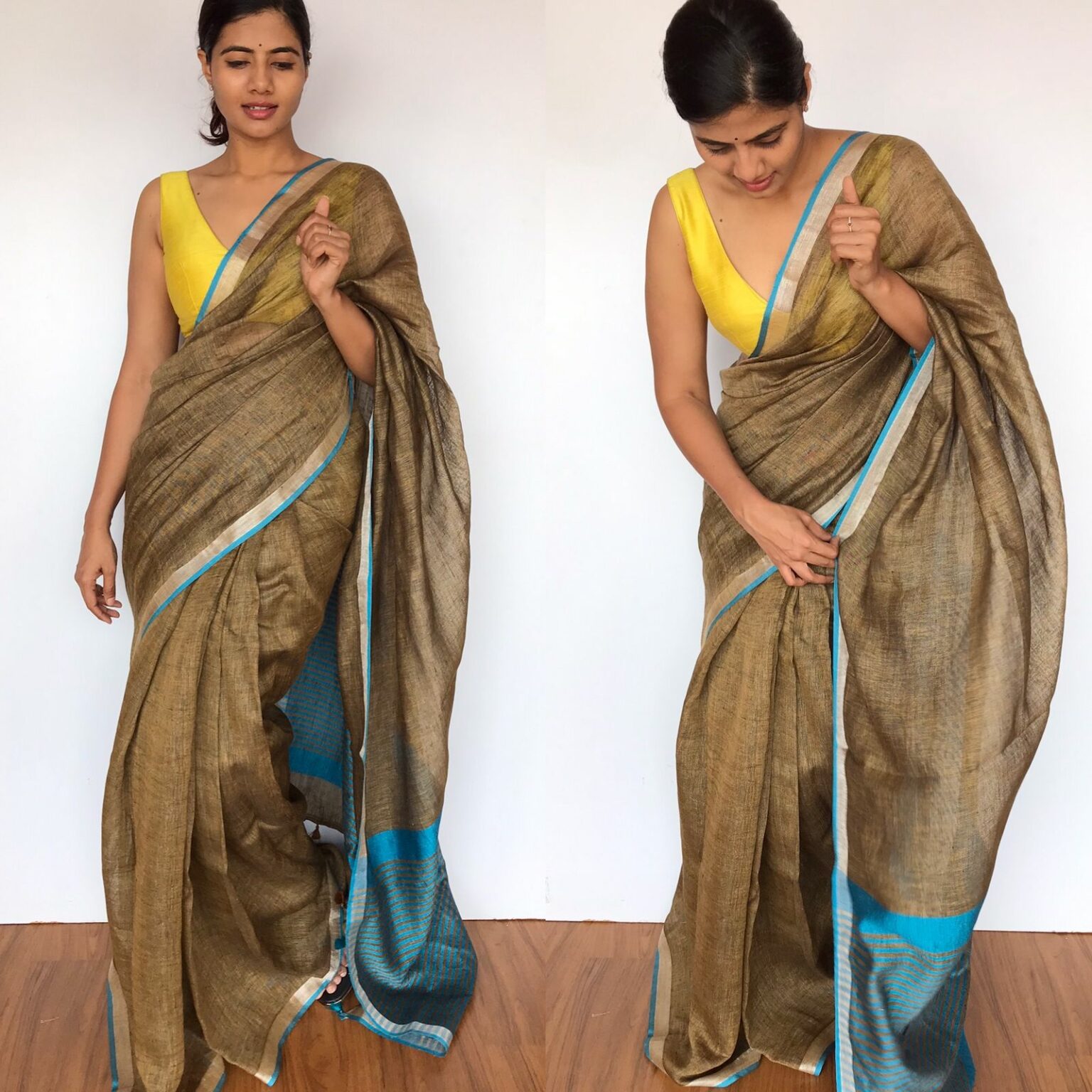 Earthy Brown Linen Saree with contrast edging | Mirra Clothing