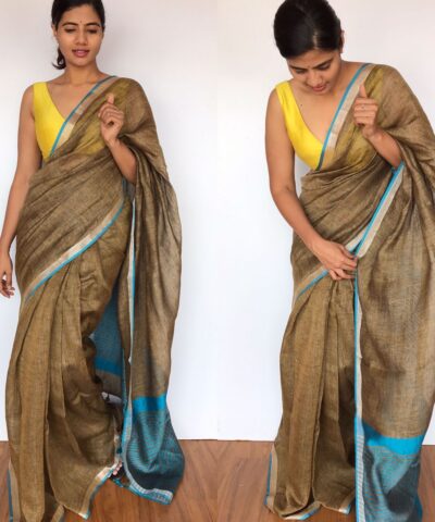 Earthy Brown Linen Saree with contrast edging