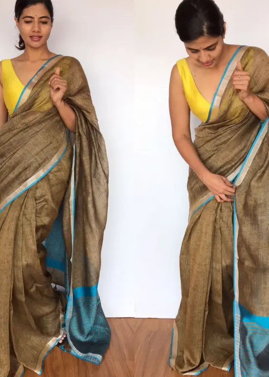Earthy Brown Linen Saree with contrast edging
