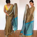 Earthy Brown Linen Saree with contrast edging - Image 3