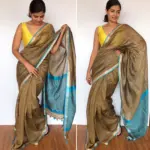 Earthy Brown Linen Saree with contrast edging - Image 4