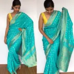 Blue Banarasi Silk Saree in Georgette with Gold Zari Weaves highlighted with Beautiful Zardozi Embroidery and Gota Piping - Image 2