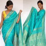 Blue Banarasi Silk Saree in Georgette with Gold Zari Weaves highlighted with Beautiful Zardozi Embroidery and Gota Piping - Image 4