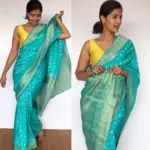 Blue Banarasi Silk Saree in Georgette with Gold Zari Weaves highlighted with Beautiful Zardozi Embroidery and Gota Piping - Image 5