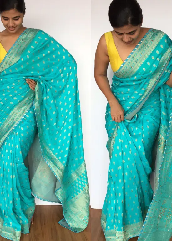 Blue Banarasi Silk Saree in Georgette with Gold Zari Weaves highlighted with Beautiful Zardozi Embroidery and Gota Piping