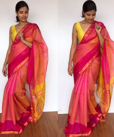 Pink Mangalagiri Silk Saree with Gold Zari Checks