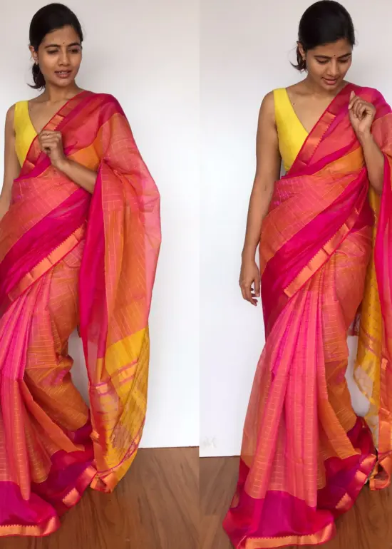 Pink Mangalagiri Silk Saree with Gold Zari Checks
