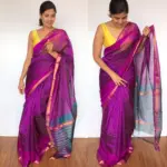 Magenta Purple Mangalagiri Silk Saree with Gold Zari Checks - Image 2