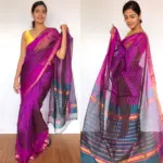 Magenta Purple Mangalagiri Silk Saree with Gold Zari Checks - Image 3