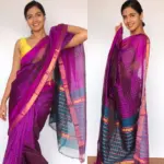 Magenta Purple Mangalagiri Silk Saree with Gold Zari Checks - Image 4
