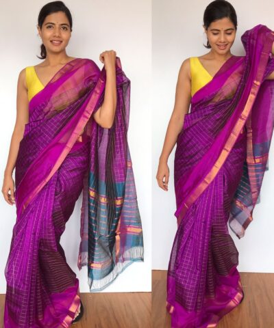 Magenta Purple Mangalagiri Silk Saree with Gold Zari Checks