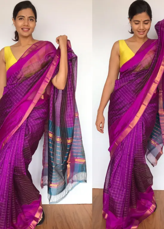 Magenta Purple Mangalagiri Silk Saree with Gold Zari Checks