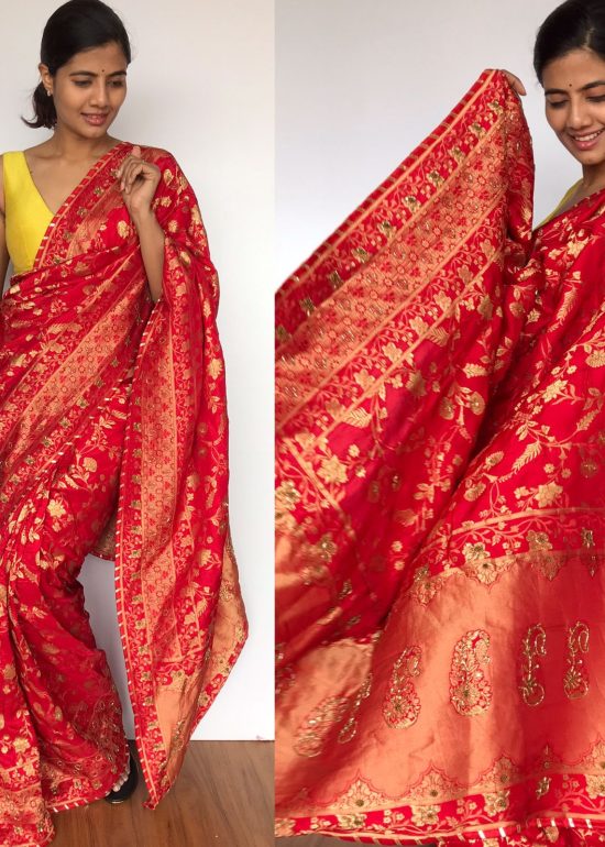 Peachy Red Banarasi Saree in Georgette with Intricate Floral Zari Jaal