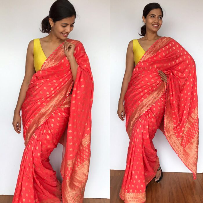 Peach Banarasi Georgette Saree with Golden Zari Weaves highlighted with Beautiful Zardozi Embroidery and Gota Piping