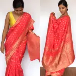 Peach Banarasi Georgette Saree with Golden Zari Weaves highlighted with Beautiful Zardozi Embroidery and Gota Piping - Image 3