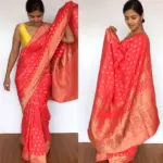 Peach Banarasi Georgette Saree with Golden Zari Weaves highlighted with Beautiful Zardozi Embroidery and Gota Piping - Image 4