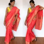 Peach Banarasi Georgette Saree with Golden Zari Weaves highlighted with Beautiful Zardozi Embroidery and Gota Piping - Image 5