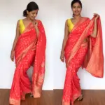 Peach Banarasi Georgette Saree with Golden Zari Weaves highlighted with Beautiful Zardozi Embroidery and Gota Piping - Image 6