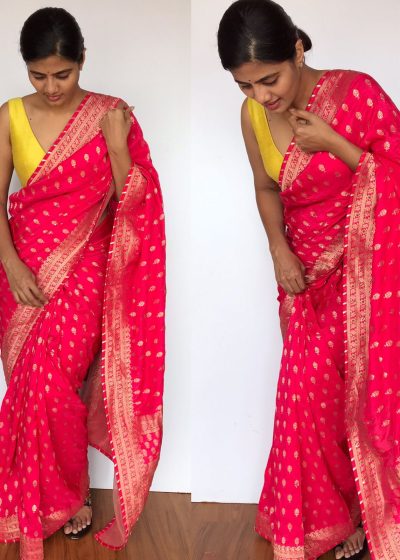 Rani Pink Banarasi Georgette Saree with Golden Zari Weaves highlighted with Beautiful Zardozi Embroidery and Gota Piping
