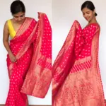 Rani Pink Banarasi Georgette Saree with Golden Zari Weaves highlighted with Beautiful Zardozi Embroidery and Gota Piping - Image 3