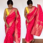 Rani Pink Banarasi Georgette Saree with Golden Zari Weaves highlighted with Beautiful Zardozi Embroidery and Gota Piping - Image 4