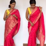 Rani Pink Banarasi Georgette Saree with Golden Zari Weaves highlighted with Beautiful Zardozi Embroidery and Gota Piping - Image 5
