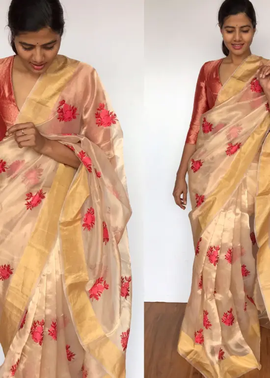 Pure Gold Tissue Silk Saree with Floral Embroidery