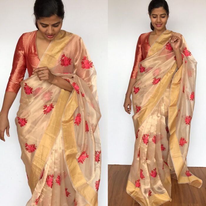 Pure Gold Tissue Silk Saree with Floral Embroidery