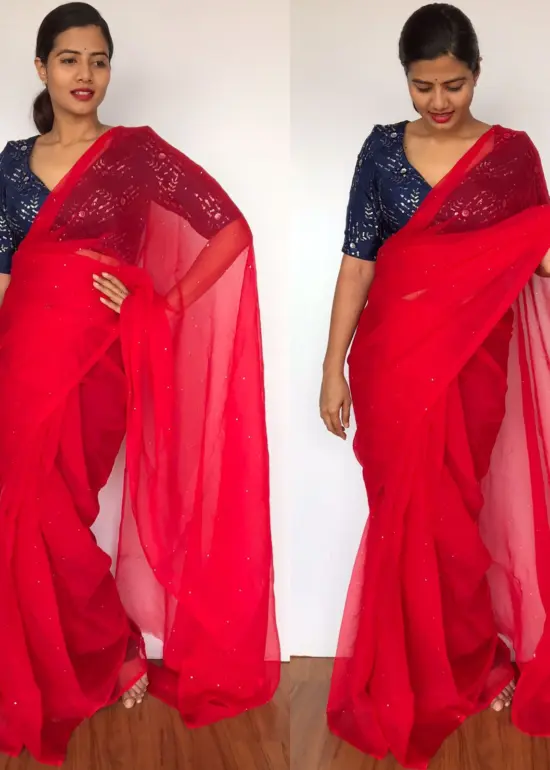 Scarlet Red Chiffon Saree with Badla work